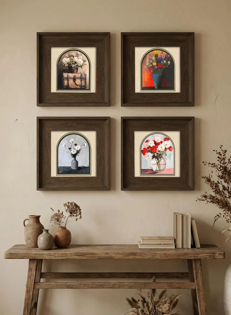 لوحة مجموعة من ٤ لوحات كانفاس على إطار خشبي مع إطار خارجي كلاسيكي بني بتصميم مزهريات كلاسيكية